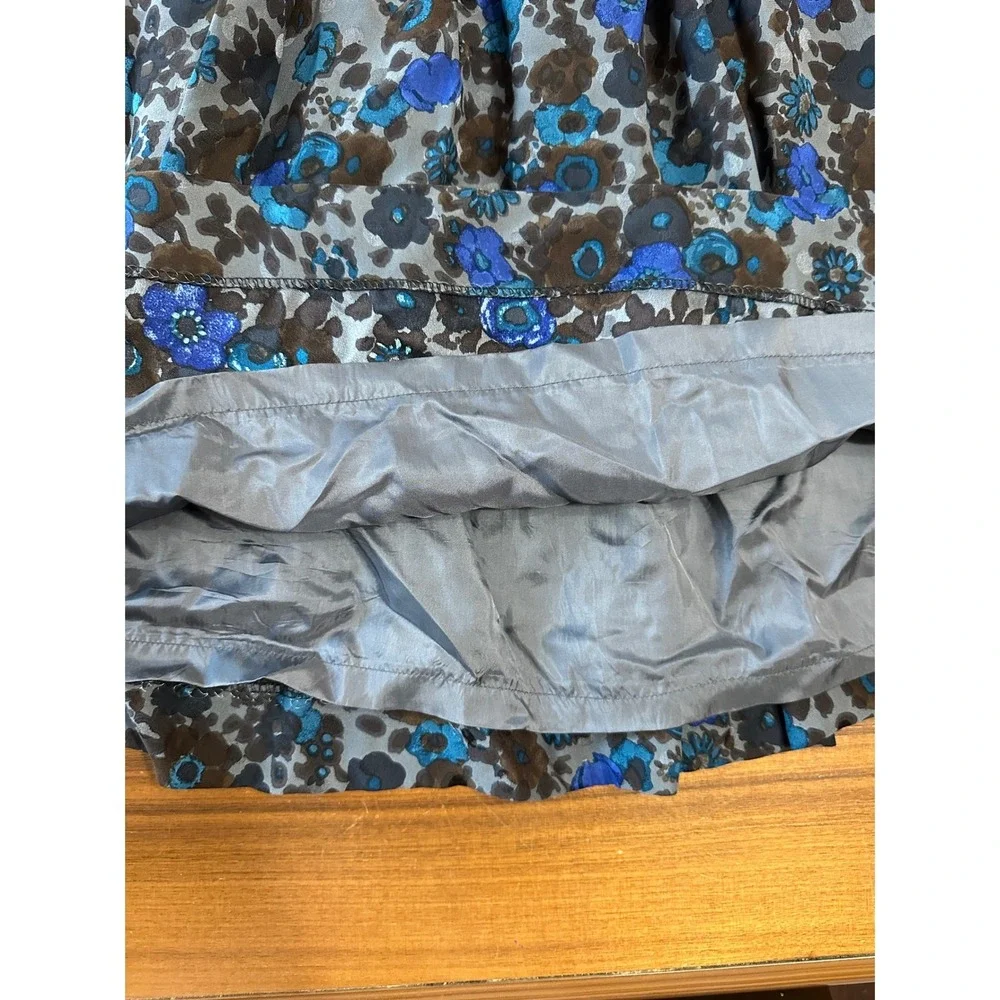 Valentino Miss V Skirt Set 100% Silk Women 8 Blue Brown Floral Pleated Vintage